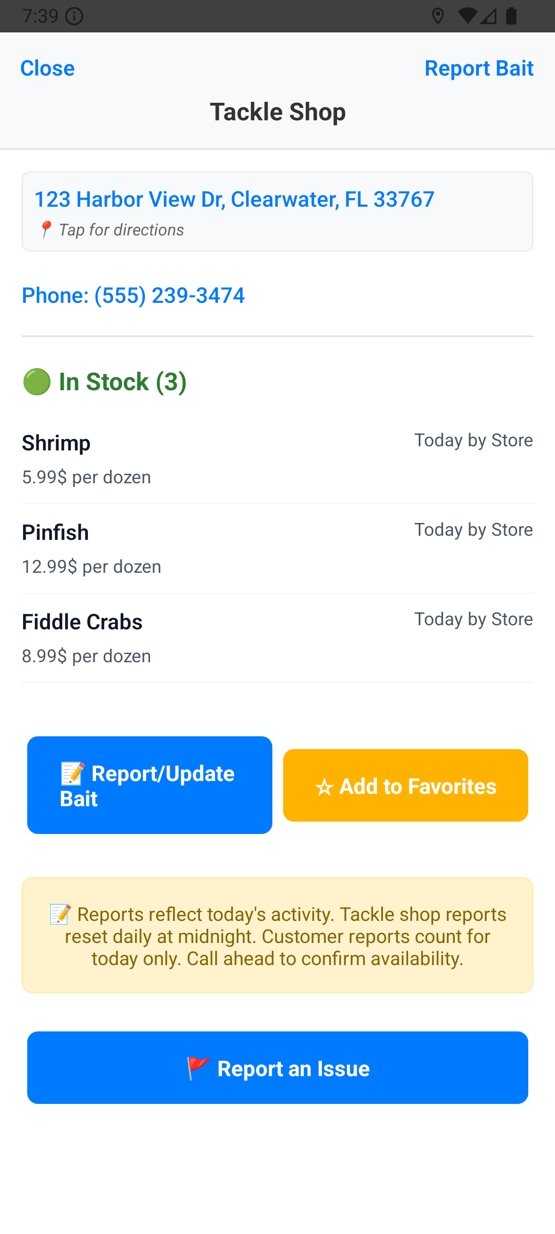 Tackle shop stock screen with report by tackle shop