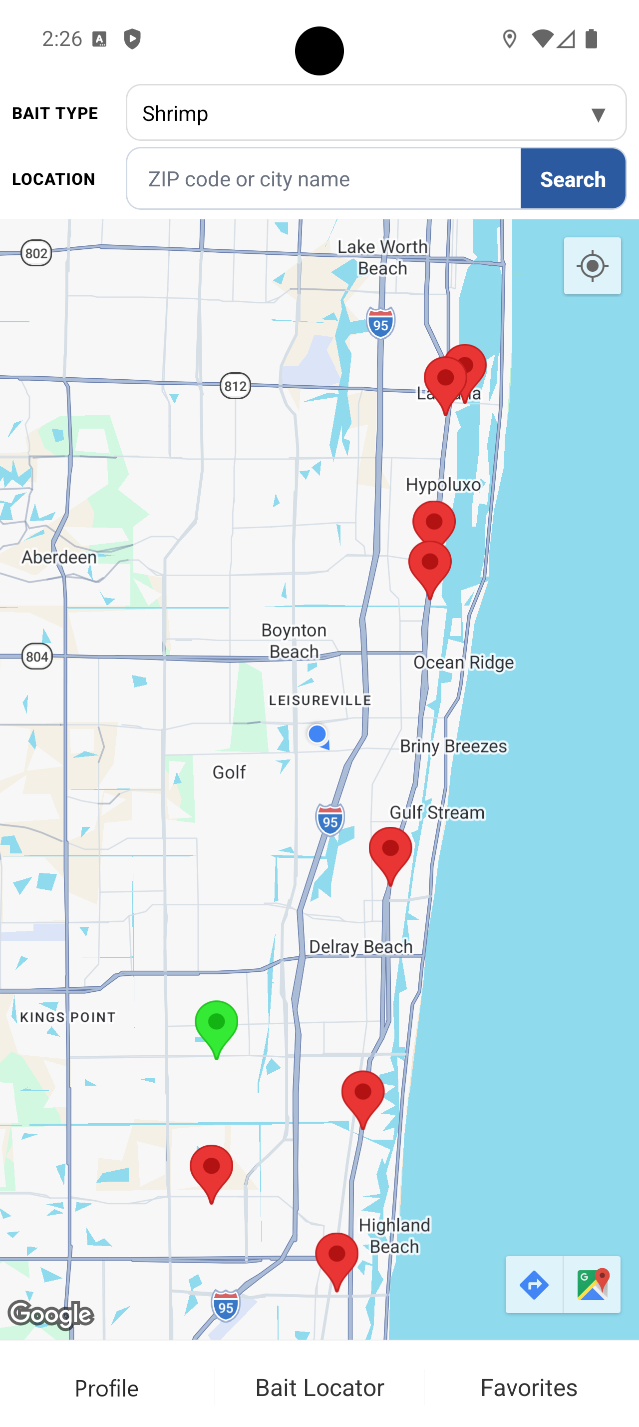 Bait Locator Android map showing shrimp availability at nearby tackle shops