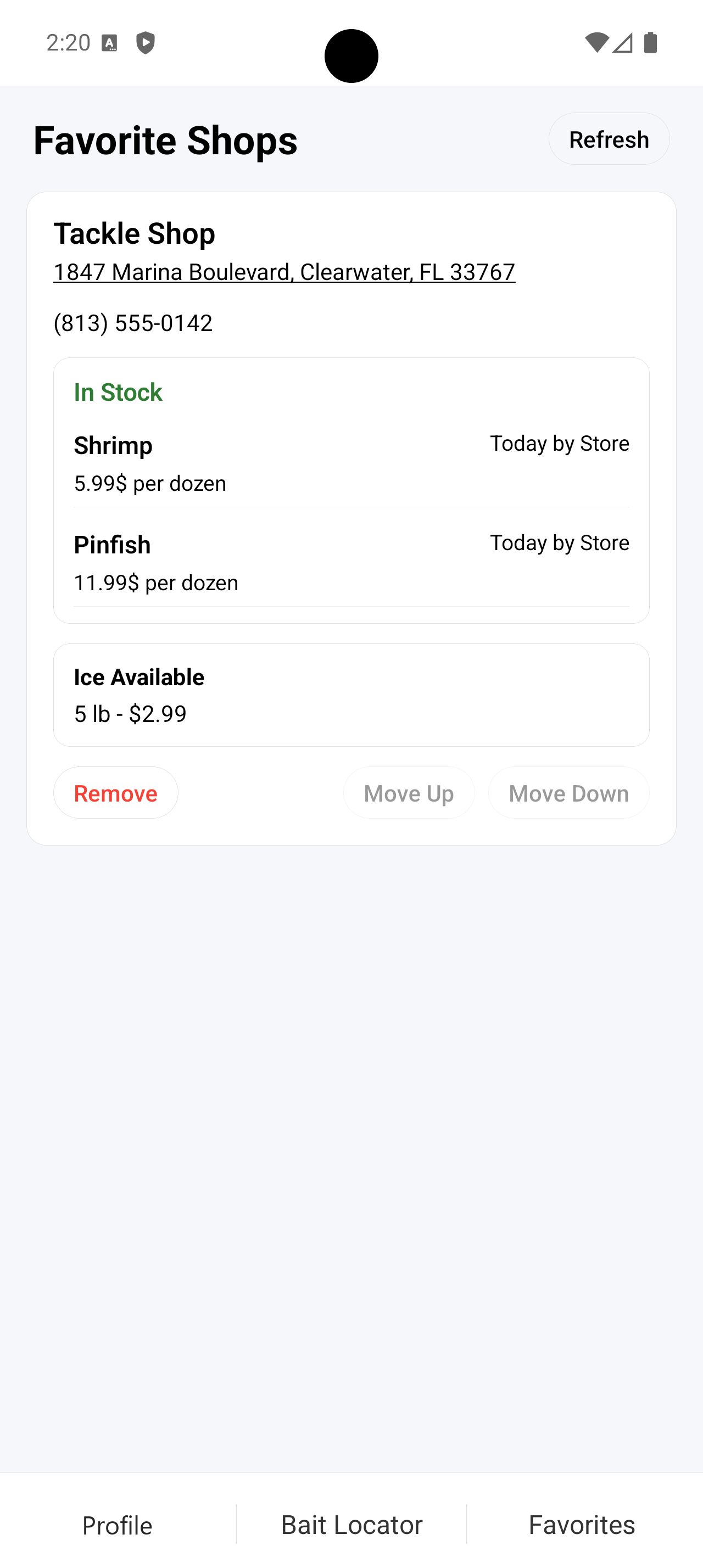 Android Favorite Shops screen showing bait stock, pricing, and ice availability