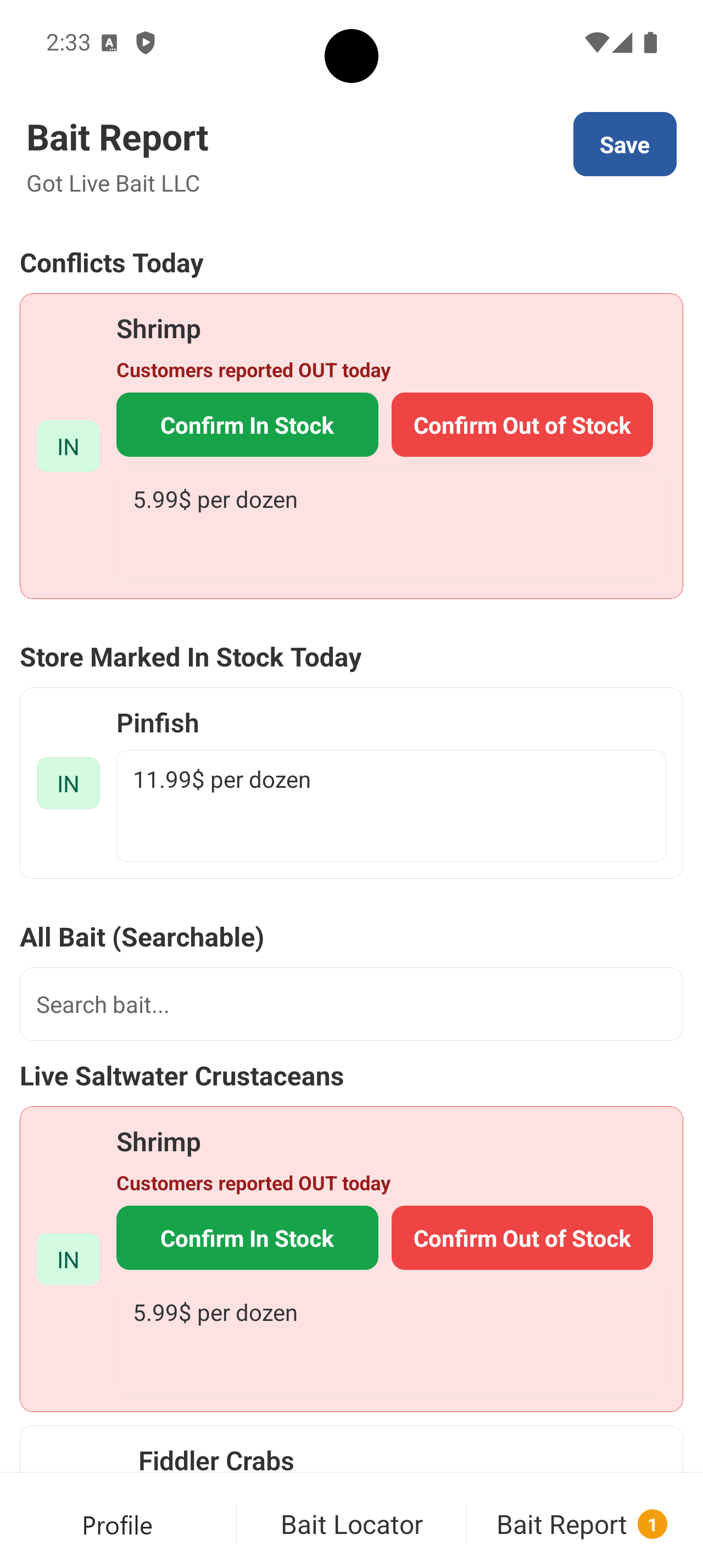 Android owner bait report with controls to resolve a customer stock conflict