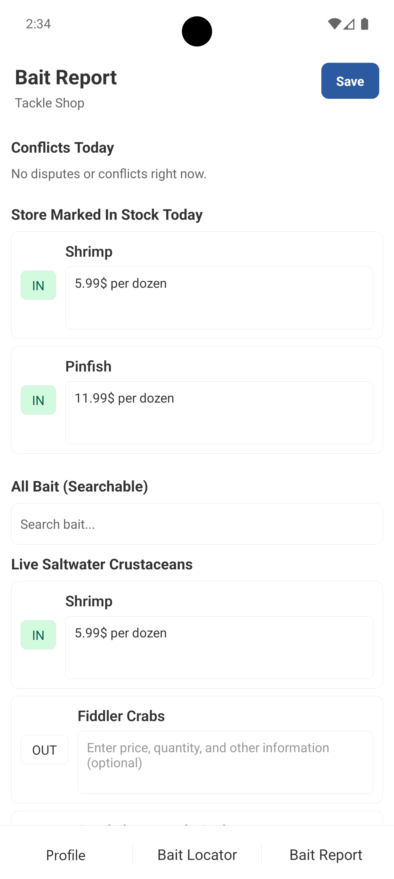 Android owner bait report showing current store stock and pricing