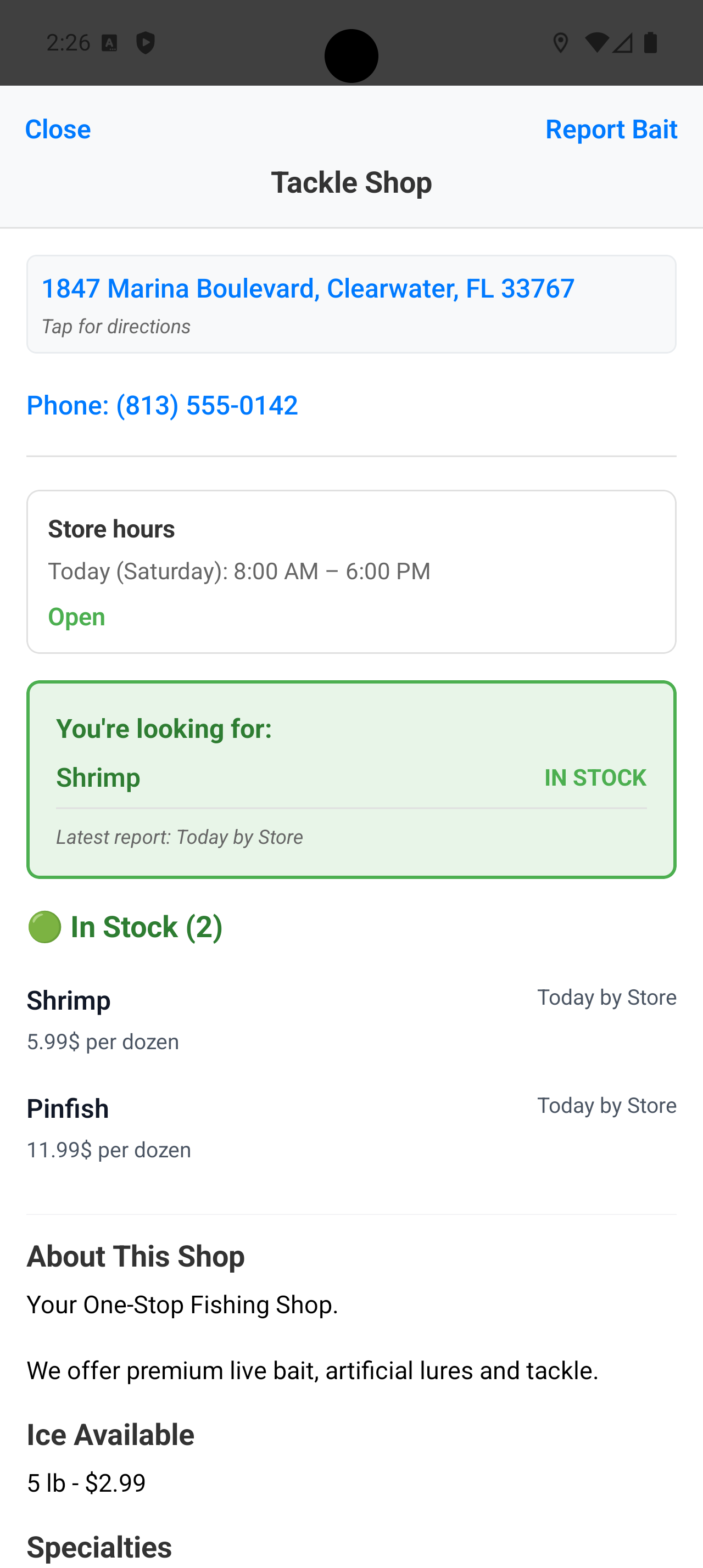 Bait Locator Android shop details showing store hours, bait stock, prices, and specialties