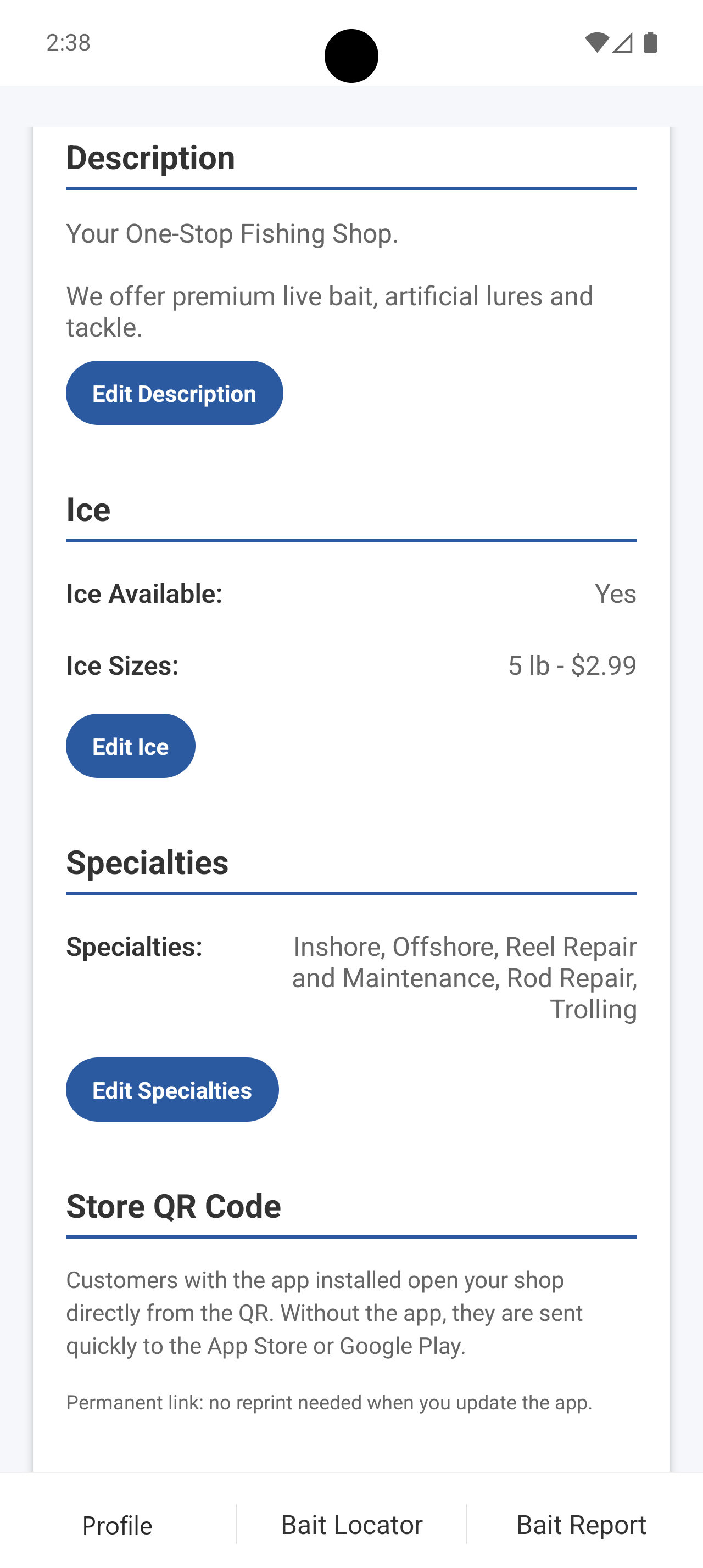 Android shop profile showing description, ice pricing, and fishing specialties