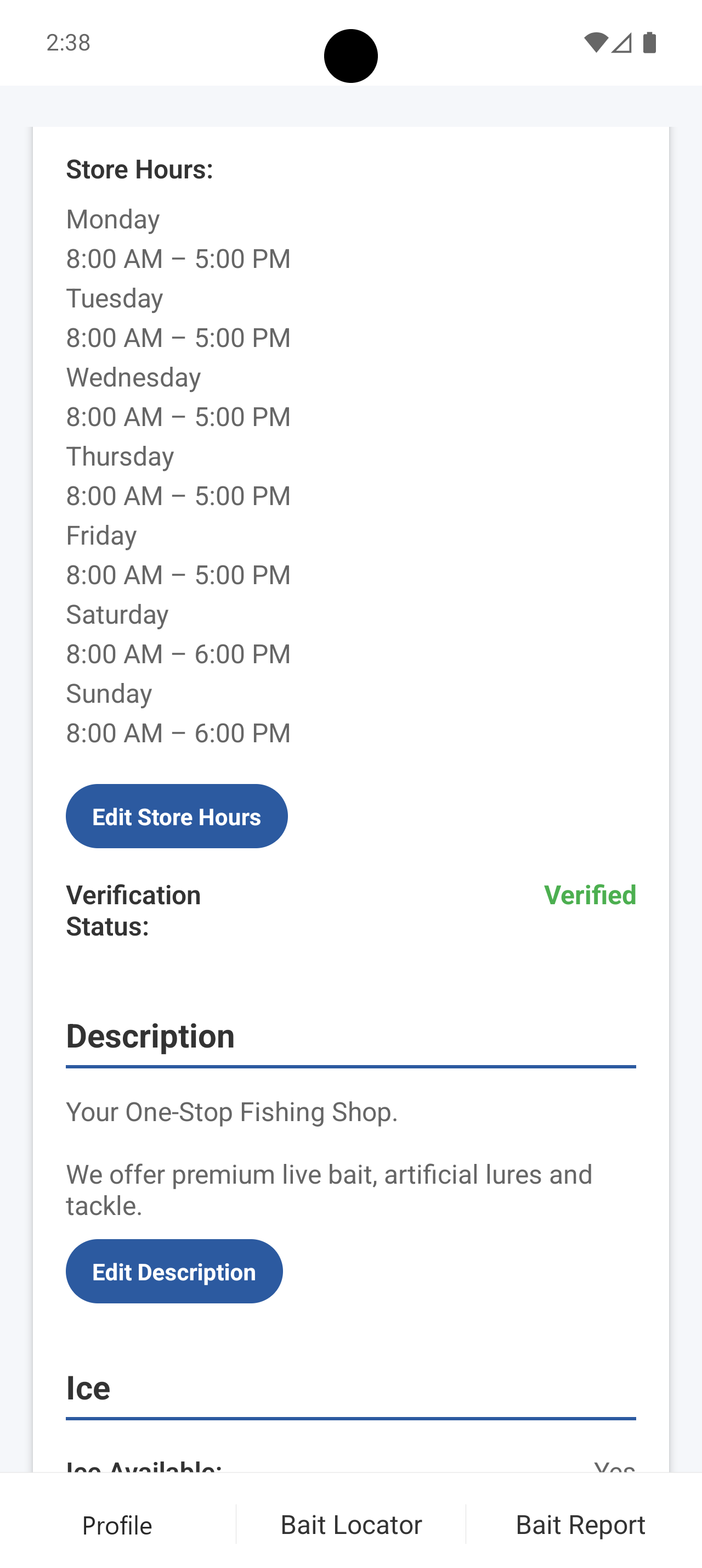 Android shop profile showing weekly store hours
