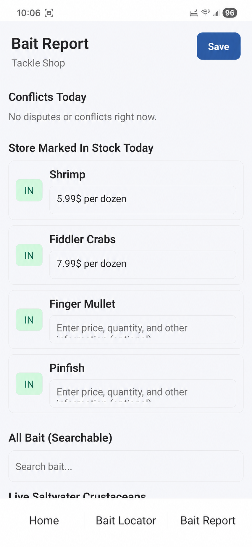 Android shop-owner tools showing live bait reports with prices and notes